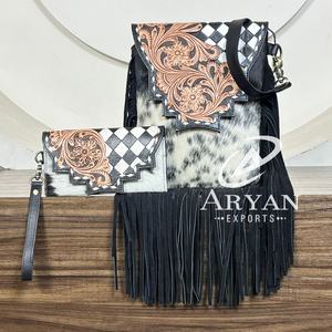 Stylish Product New Designer Hand Tooled Cow Leather Women's Fringe Bag & Hand Tooled Cowhide Leather Clutch Ladies 2 Pieces Set - Product Image 1
