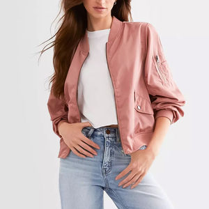 Sleeve Zip Pocket Knitted Satin Ladies Bomber <b>Jacket</b> Windproof Nylon Slim Fit Eco-Friendly Womens <b>Cropped</b> Coaches Bomber <b>Jackets</b> - Product Image 3