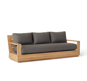 Canapé de jardin moderne en teck massif, trois places, avec structure en boîte et coussins noirs, pour terrasse, hôtel, resort - Product Image 1