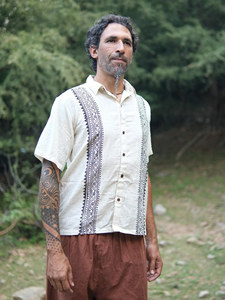 Camisa Kurta Corta de Algodón Estampada a Mano para Hombre, Estilo Étnico, Color Crema, Informal, para Verano, Gran Venta 2026 - Product Image 2
