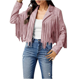 Veste en cuir de vachette pour femme, style uni avec franges, écologique, respirante, en viscose teinte, design unique, tricotée, vente en gros - Product Image 5