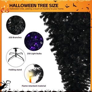 Albero di Natale Artificiale Pre-Illuminato da 6 Piedi, Invertito, Nero, con 250 Luci Viola e Decorazioni di Zucca e Teschio - Product Image 5