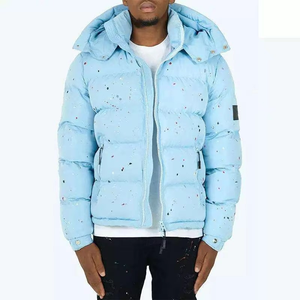 Chaqueta Acolchada con Capucha para Hombre, Diseño de Puntos Azul Claro, Cortavientos, de Poliéster, Informal, para Invierno, con Cierre de Cremallera - Product Image 1