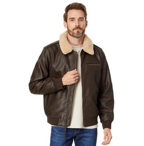 Blouson aviateur en cuir véritable marron pour homme, doublure en sherpa, fermeture éclair, col rabattable, vêtement d'hiver - Product Image 1