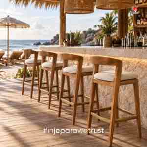Modern Solid Teak Wood Bar Chair with Curved Backrest Upholstered <b>Seat</b> Luxury Hotel Restaurant Resort Counter <b>Stool</b> - Product Image 6