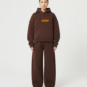 Conjunto de Sudadera con Capucha Marrón Casual con Logotipo Personalizado, Chándal Oversize para Mujer, Pantalones Deportivos Anti-Pilling, Fabricante - Product Image 1