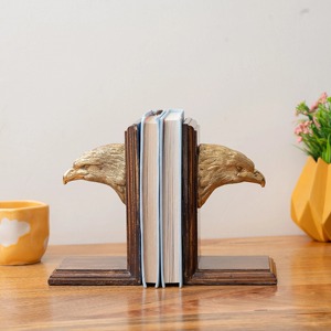 Wooden Eagle <b>Head</b> Bookends Set Of 2 Gold Plated Sculptural Design Traditional <b>Style</b> Decor For Home Office Display - Product Image 6
