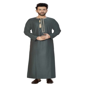 <b>Men's</b> Dark Gray Polyester <b>Thobe</b> Long Sleeve Floor Length Modest Daily Wear Middle East Style Hooded Neck Regular Fit - Product Image 3