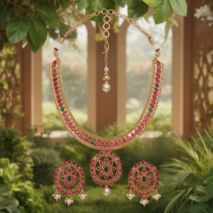 Rose Gold Plated Kemp Necklace Set with Jhumka Earrings and Maang Tikka - Product Image 3