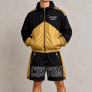 Conjunto de Dos Piezas de Ropa Urbana de Nailon para Hombre, Chaqueta y Pantalones Cortos con Bloques de Color, Cuello Alto y Estampado Gráfico con Letras - Product Image 4