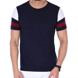 <b>Men's</b> <b>Navy</b> <b>Blue</b> Short Sleeve O-Neck <b>T</b>-<b>Shirt</b> Slim Fit Contrast Trim Knitted Casual Solid Color Top - Product Image 4