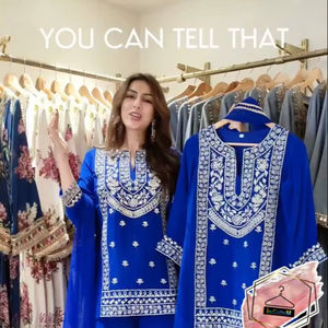 Conjunto de traje Sharara de georgette sintético azul real de 3 piezas: Top de georgette sintético con intrincado trabajo de hilo y Sharara con dupatta de encaje elegante - Product Image 1