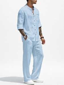Conjunto de camisa y pantalones de lino y algodón azul claro para hombre, conjunto deportivo informal de manga larga para verano - Product Image 4