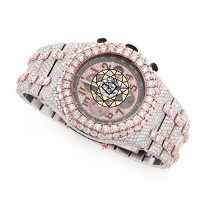 Reloj de Cuarzo Cronógrafo de Lujo con Cristales, Esfera Plateada en Tono Rosa, Estilo Diamante, Diseño Hip Hop, Correa de Acero Inoxidable para Hombre - Product Image 4
