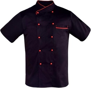 เสื้อเชฟแขนสั้นสีดำแบบยูนิเซ็กซ์ แต่งขอบสีแดง ปิดกระดุม สำหรับร้านอาหาร บาร์  ผ้าโพลีเอสเตอร์พิมพ์ลายแบบรีดร้อน - Product Image 6