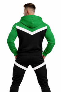 Conjunto de chándal con capucha y cremallera en contraste verde y negro para hombre, con diseño de rayas en V y pantalones deportivos ajustados, conjunto deportivo informal - Product Image 5