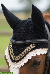 Gorro de malla personalizado de lana y algodón para caballo, negro con ribete de diamantes de imitación, sombrero de red transpirable, equipo de equitación - Product Image 2