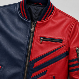 Blouson Bomber en Cuir PU pour Homme, Style Moto Biker, Col Revers, Fermeture Éclair, Rouge Bleu Marine - Product Image 5