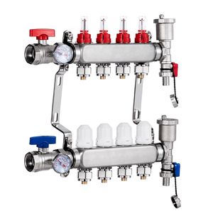Collettore a 4 Vie in Acciaio Inox da 1/2 Pollice per Tubi PEX, per Sistemi di Riscaldamento Radiante a Pavimento Idronico HVAC - Product Image 1