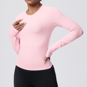 <b>Pink</b> Long Sleeve Yoga <b>Top</b> Stretch Workout Tee Crew Neck Fitness Shirt for Women - Product Image 6
