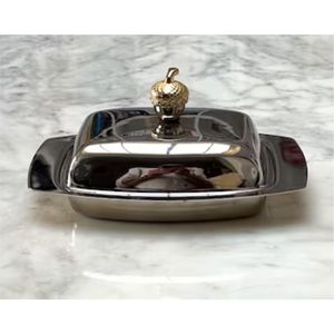 Beurrier de luxe en acier inoxydable avec poignée en forme de gland doré, récipient à beurre en métal avec couvercle pour la cuisine |   Pot à beurre décoratif - Product Image 1
