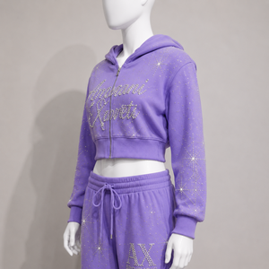Ensemble de sweat-shirt à capuche violet pour femme For Exchange, imprimé étoiles à paillettes, streetwear, coupe classique, 2 pièces, short, 100% coton - Product Image 5