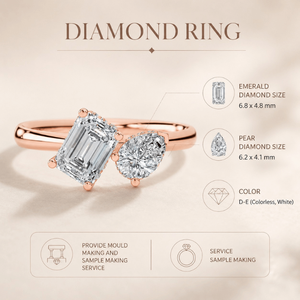Bague en diamant de laboratoire de haute qualité Toi et Moi, taille poire et émeraude, or 18 carats, vente en gros, fabricant et fournisseur de bijoux fins OEM - Product Image 5