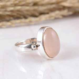 Handmade 925 Sterling Silver Rose Quartz <b>Ring</b> Matte Finish Oval Gemstone Statement Band Artisan Handcrafted <b>Adjustable</b> Boho - Product Image 2