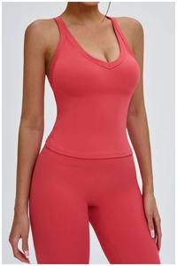 Camiseta sin mangas de punto acanalado para mujer, personalizada al por mayor, de color liso, con cuello redondo, ajustada, básica, para yoga - Product Image 2