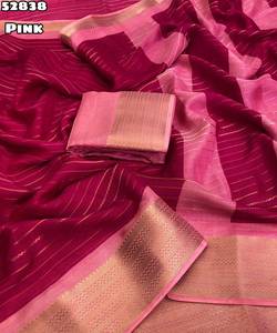 Sari en soie crêpe rose MYSORE avec rayures dorées, tenue de mariage indienne traditionnelle pour femmes 52838 - Product Image 2