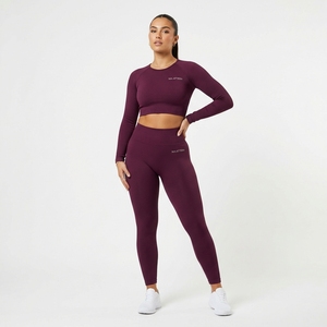 Women Burgundy Ribbed <b>Long</b> <b>Sleeve</b> Crop Top High Waist Leggings Yoga <b>Set</b> <b>Gym</b> Fitness Workout Activewear <b>Set</b> - Product Image 2