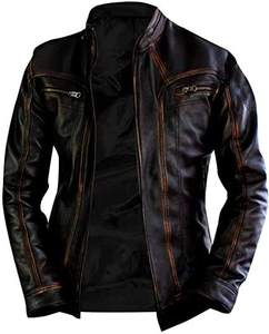 Blouson en cuir pour homme, automne, zippé, col montant, style motard, coupe ajustée, avec poche poitrine, décontracté - Product Image 1