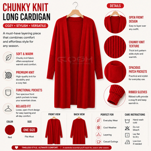Cosh International Sisterhood Sorority - Cárdigan Largo de Punto Acrílico Rojo, Suéter Informal Abierto por Delante con Bolsillos y Manga Larga - Product Image 6