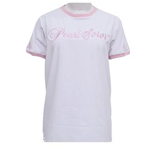 T-shirt blanc à col contrastant avec bordure rose et motif graphique Pearl Soror, manches courtes, en coton, décontracté, pour femme, vêtement de mode - Product Image 1