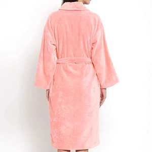 Robe de chambre en polaire pour femme, longue, à manches longues, douce et confortable, col en V, rose uni, hiver, avec poches, en coton/fibre de bambou, respirante - Product Image 3