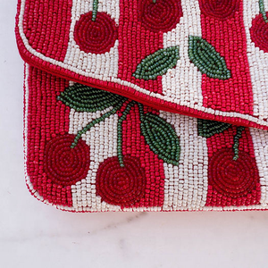 Handmade Red Cherry Beaded Clutch Purse Rectangular Cotton Embroidered Evening Bag - Product Image 6