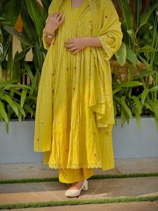 NOIIR PIGEON <b>Womens</b> Pure Mul Chanderi Anarkali <b>Kurta</b> Pant Dupatta Designer Bracelet 4-Piece Set Embroidered Indian - Product Image 4