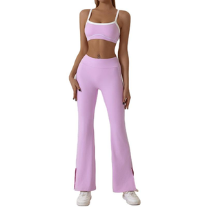 Seamless Breathable 100% Polyester Wrinkle-Resistant Yoga Set Mid Waist Full Length <b>Flared</b> <b>Leggings</b> Crop Top Spaghetti Strap - Product Image 2