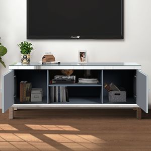 Mobile TV con Ripiani Aperti per TV da 65+ Pollici, Tavolo Console Argento con 2 Armadietti, Design a Specchio Scintillante a Forma di M per TV a Specchio - Product Image 4