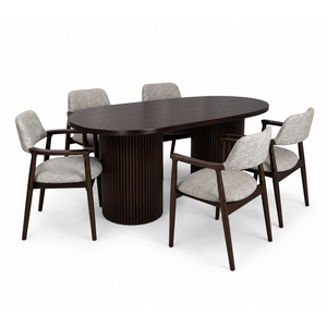 Ensemble de salle à manger contemporain en teck Milano, table ovale de qualité supérieure, base cylindrique à lattes, 6 chaises rembourrées, restaurant, hôtel - Product Image 2