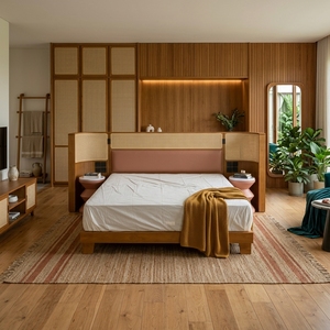 Base de Cama de Plataforma de Madera de Teca Sólida, Estilo Japandi Moderno, Tamaños King y Queen, Cabecero Tapizado, Mesitas de Noche Laterales de Ratán - Product Image 3