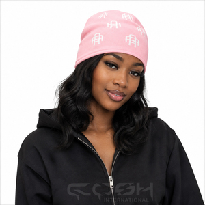 Gorro de Bebé Rosa de Secado Rápido y Transpirable de Cosh International con Patrón Geométrico Blanco, Logotipo Personalizado, Gorro de Punto Acrílico Unisex - Product Image 3