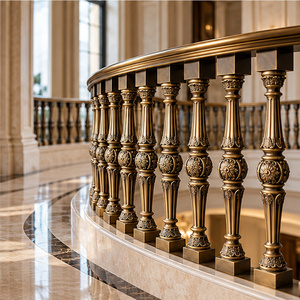 Rampe d'escalier vintage en bronze avec balustres à motifs floraux, colliers arrondis et balustrade courbée - Product Image 4
