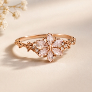 Elegante Anillo Floral de Latón Chapado en Oro con Circonita Cúbica Rosa, Joyería de Moda de Lujo para Mujer, Ajustable, para Fiestas - Product Image 1