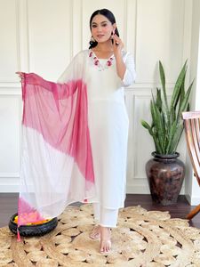 Latest Women's White Chanderi Embroidery Kurti with Chanderi <b>Pant</b> Tebby Naylon With <b>Lineing</b> Dupatta Sets - Product Image 1