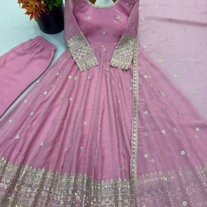 Luxury Crunchy Silk Embroidered <b>Sequin</b> Work Gown Set with <b>Pant</b> and Dupatta for Women Festive Party Wear Wedding Ethnic Outfit - Product Image 5