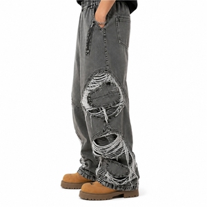 Men Distressed Jeans Washed Denim Relaxed Baggy Fit Ripped Detail Style Modern Streetwear Look Durable Denim Fabric - Product Image 3