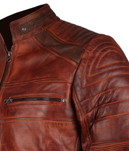 Veste de moto en cuir véritable marron pour homme, col montant, fermeture éclair, coupe classique, style automne, veste de motard - Product Image 6