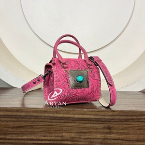 New Factory Wholesale Hand Tooled Genuine Cowhide Leather Small Speedy Bag Designer Turquoise Concho Crossbody Duffel Travel Bag - Product Image 1
