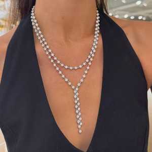Collares de tenis en capas Y Lariat de oro macizo de 14K y 18K con diamantes cultivados en laboratorio de corte redondo engastados en bisel, joyería fina llamativa para bodas y novias. - Product Image 2